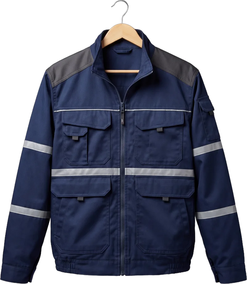 Gereinigte Arbeitsjacke mit Reflexstreifen auf dem Bügel